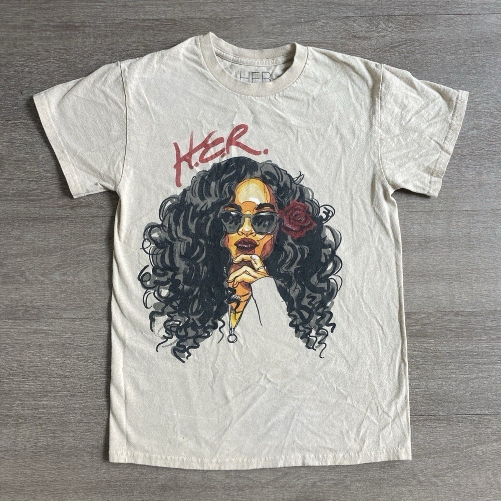 H.E.R Beige Tan Artwork Graphic T-Shirt Singer‎ Artist Women's Size Small 1359